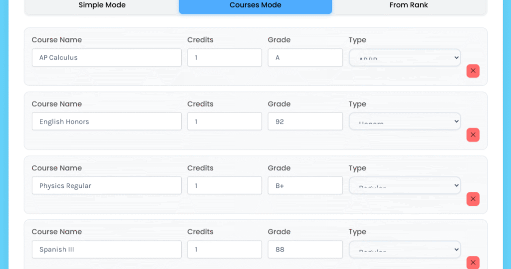 Courses Mode showing GPA and rank based on subjects