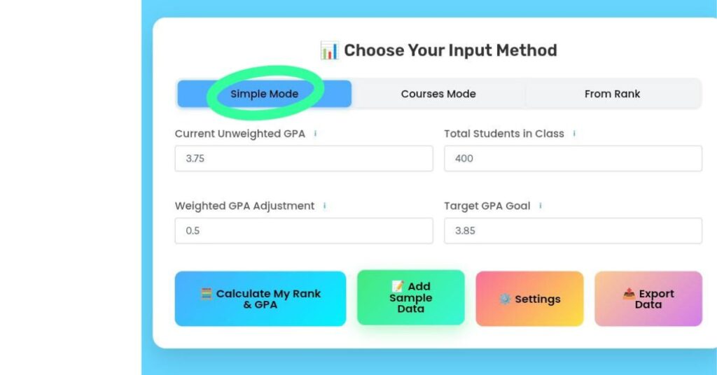 “Simple Mode class rank calculator input screen with GPA field.”