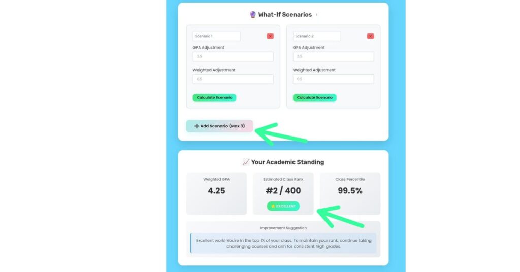Simple Mode result showing GPA-based class rank and percentile.