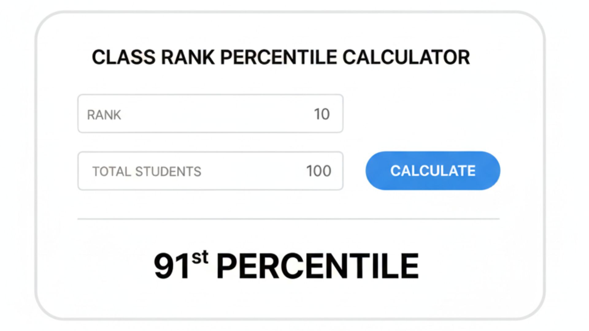 Class rank percentile calculator showing rank 20 out of 200 with 90th percentile result on a clean interface