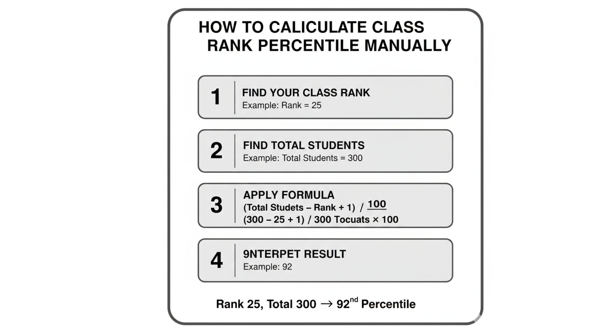 Infographic showing step-by-step calculation of rank percentile with numeric example on white background