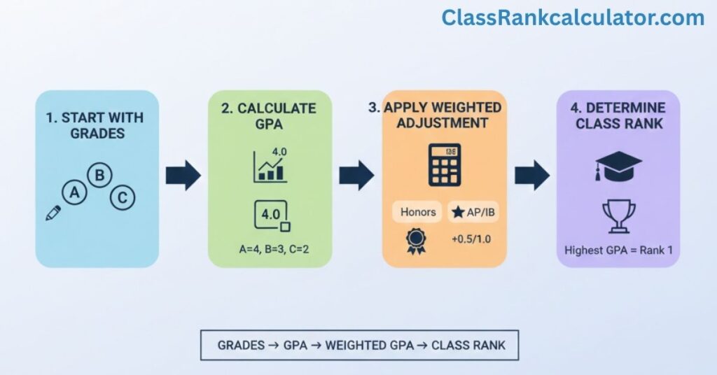 Mini infographic showing step-by-step grade-to-class rank conversion including GPA and weighted adjustments.
