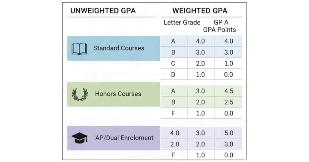 Comparison table showing weighted and unweighted GPA for homeschool courses including Standard, Honors, and AP