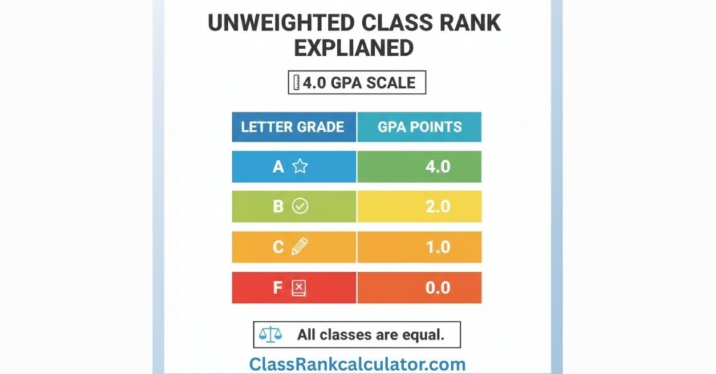 Unweighted GPA chart showing letter grades A-F converted to 4.0 scale for students in the USA.