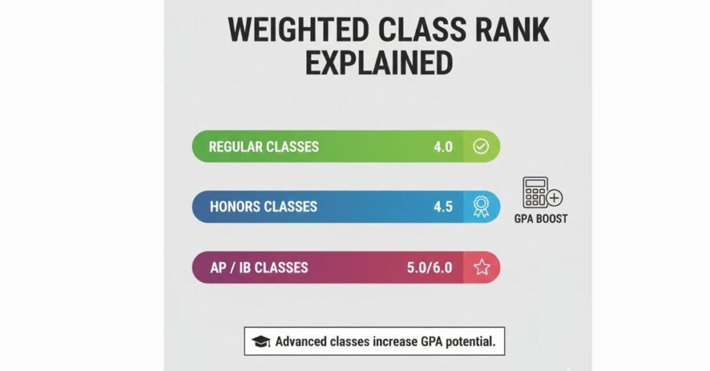 Weighted GPA infographic comparing regular, Honors, and AP/IB courses with 4.0, 4.5, and 5.0/6.0 scales