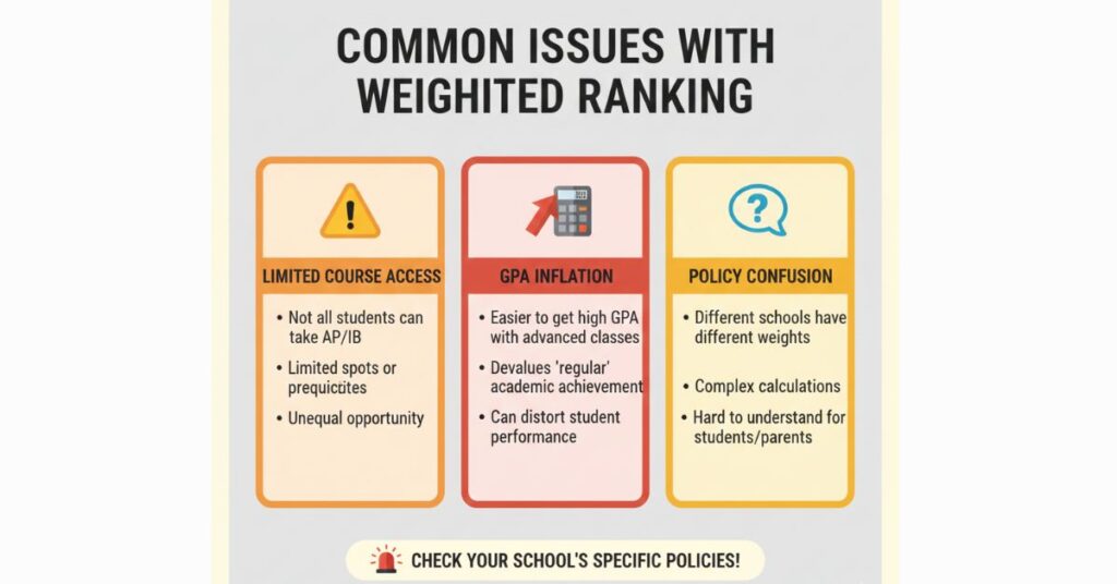 "Infographic showing common issues with weighted ranking: limited AP/IB access, GPA inflation, and policy confusion."