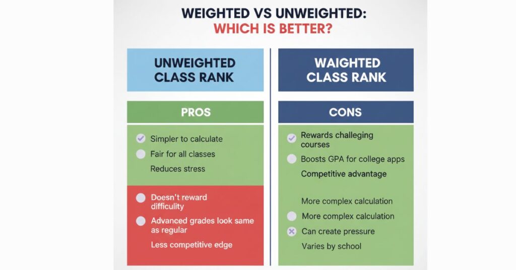 Side-by-side chart comparing weighted and unweighted rank with pros and cons for students.