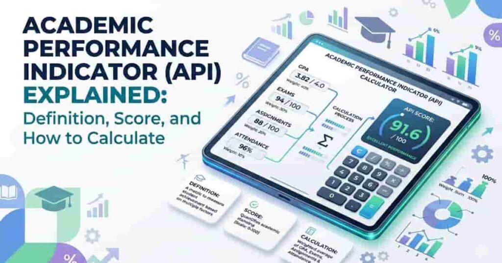 Featured image showing academic performance indicator calculation with GPA, exams, assignments, and attendance inputs on a modern calculator interface.