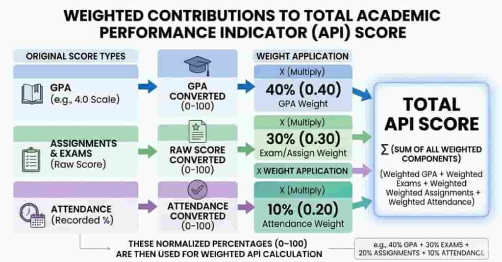 Infographic showing weighted contributions of GPA, exams, assignments, and attendance in academic performance indicator calculation.