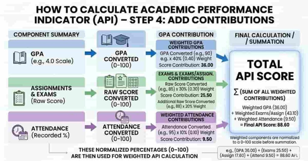 Visual showing addition of weighted GPA, exams, assignments, and attendance to calculate total academic performance indicator score.