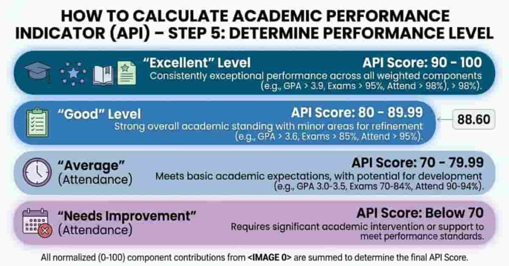 Chart illustrating academic performance indicator score ranges with performance levels: Excellent, Good, Average, Needs Improvement.
