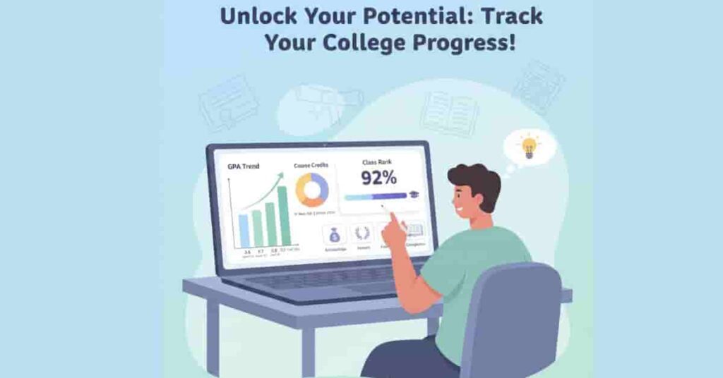 College student reviewing GPA and rank on a laptop with charts and percentiles