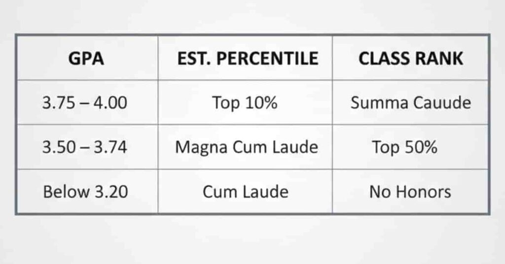 Table linking GPA to estimated law school percentile and rank.