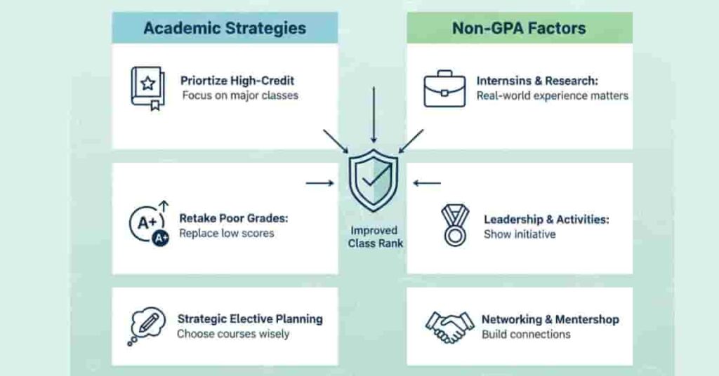 Illustration showing strategies to improve college rank including high-credit courses and leadership