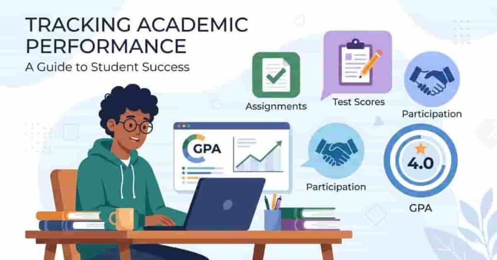Hero image showing a student studying with books, laptop, and icons for GPA, test scores, assignments, and participation illustrating academic performance.