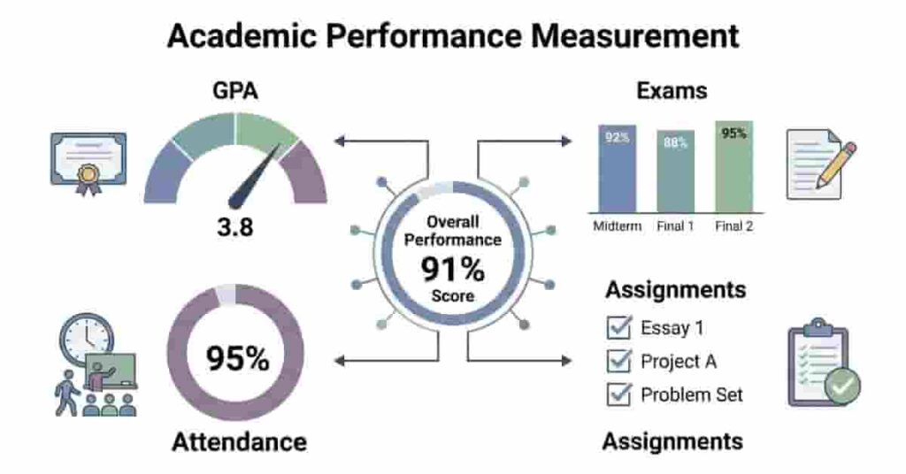 Featured image showing GPA, exams, assignments, and attendance as components of academic performance measurement for students and educators