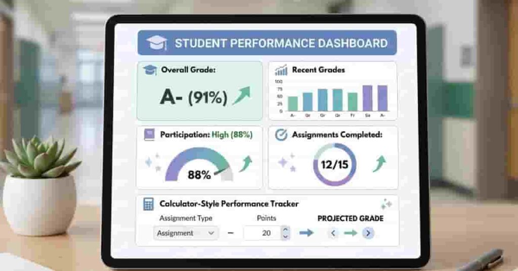 featured image showing academic performance in students with dashboard, grades, participation, and performance tracking metrics