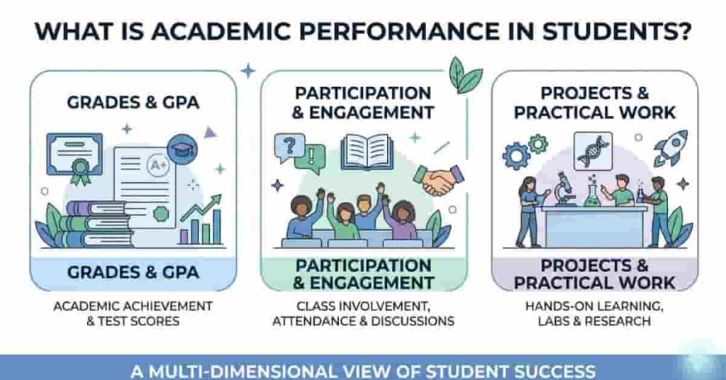 infographic showing academic performance in students with grades, participation, and projects
