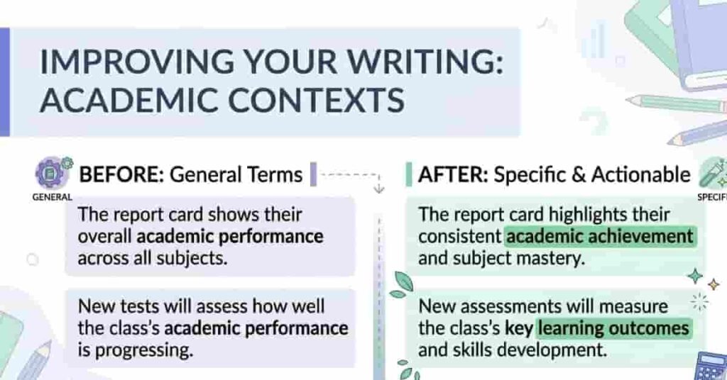 Graphic showing before-and-after examples replacing academic performance with synonyms for clearer writing