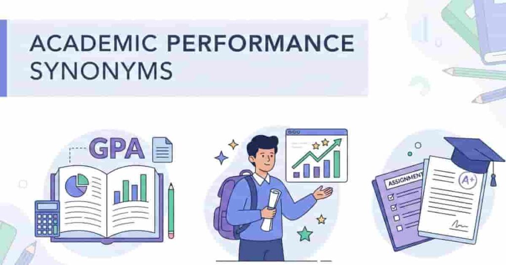 Featured blog image showing academic performance elements like GPA, charts, assignments, and calculator for learning synonyms
