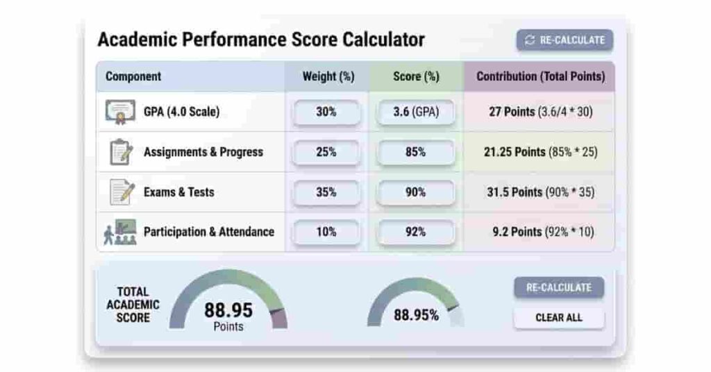 Modern calculator interface showing weighted calculation of academic performance score including GPA, assignments, and exams