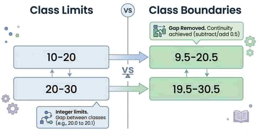 Comparison infographic showing limits versus boundaries using my site’s Class Boundaries Calculator