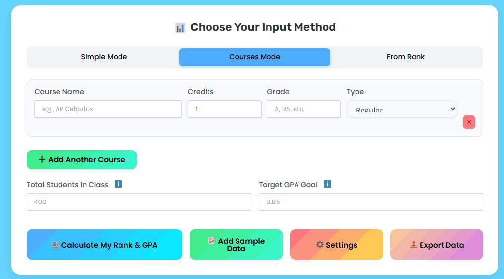 Class Rank Calculator input method selection Simple Courses From Rank