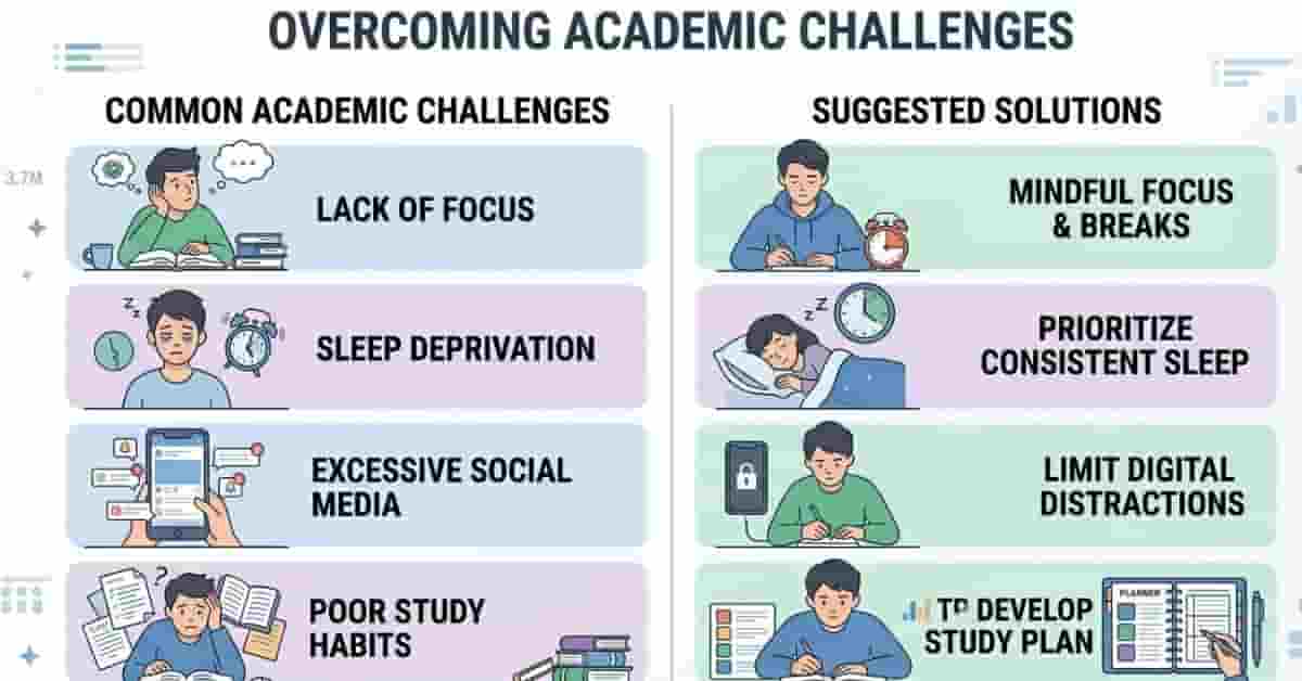 Infographic highlighting common challenges like poor focus, sleep deprivation, social media distractions, and strategies to overcome them