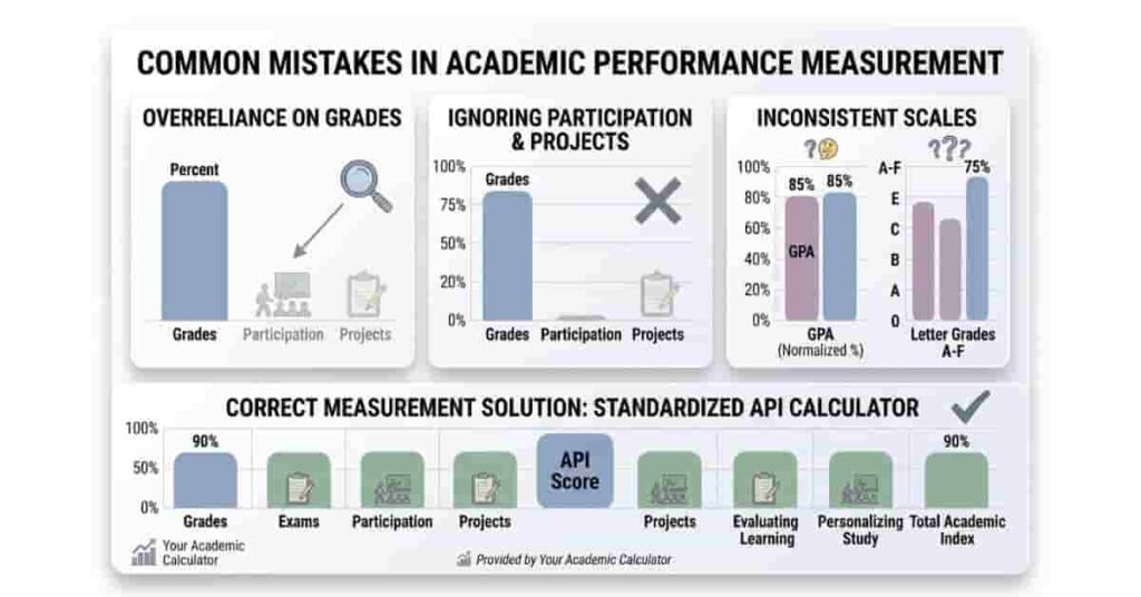 Infographic showing common mistakes in measuring academic performance and how API calculator standardizes scores