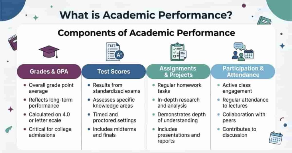 Infographic table showing grades, GPA, test scores, assignments, and participation as key components of academic performance.