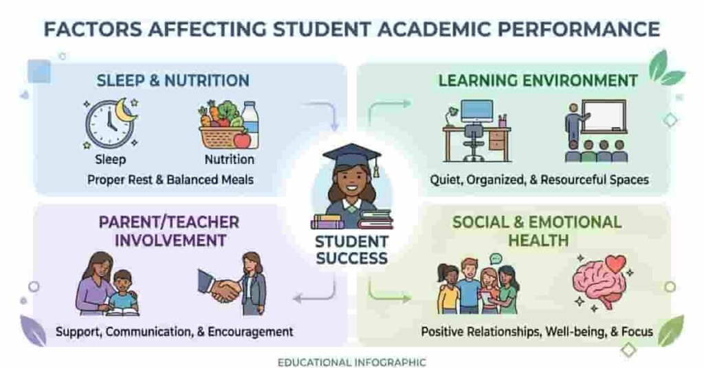infographic showing factors affecting academic performance in students including sleep nutrition and emotional health