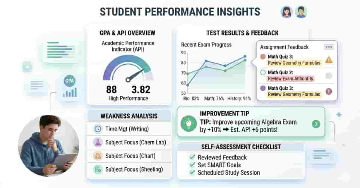 Dashboard visualization of student feedback and self-assessment showing API scores and improvement tracking