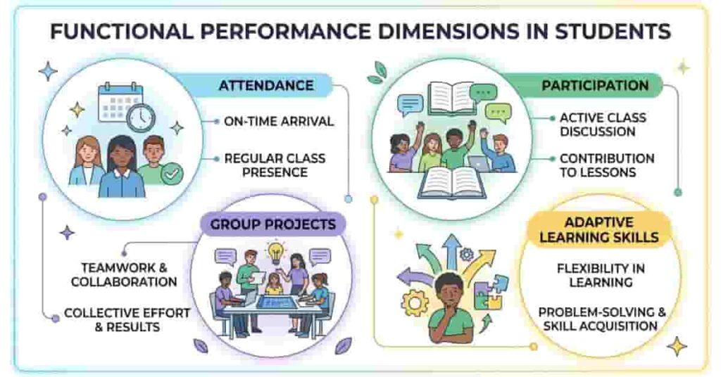 infographic displaying functional performance in students including attendance, participation, and adaptive learning