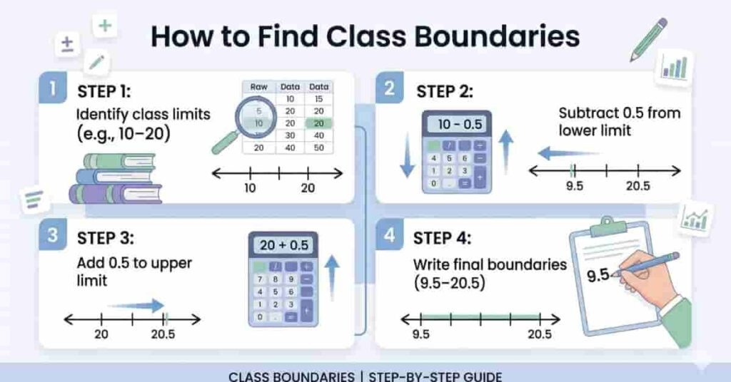 Step-by-step infographic showing how to find boundaries in statistics
