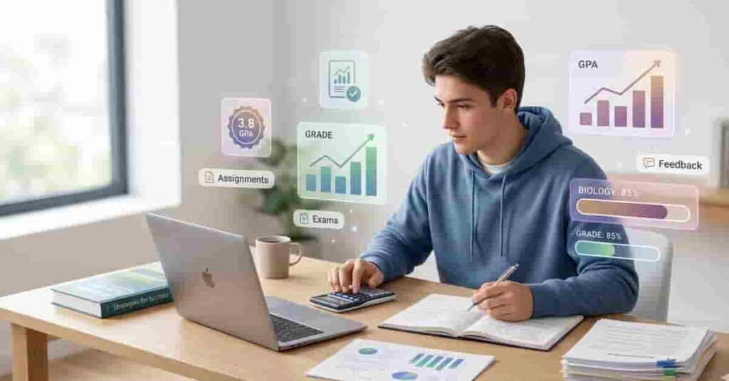 Featured image showing a student using a calculator and charts to improve academic performance, tracking progress and grades