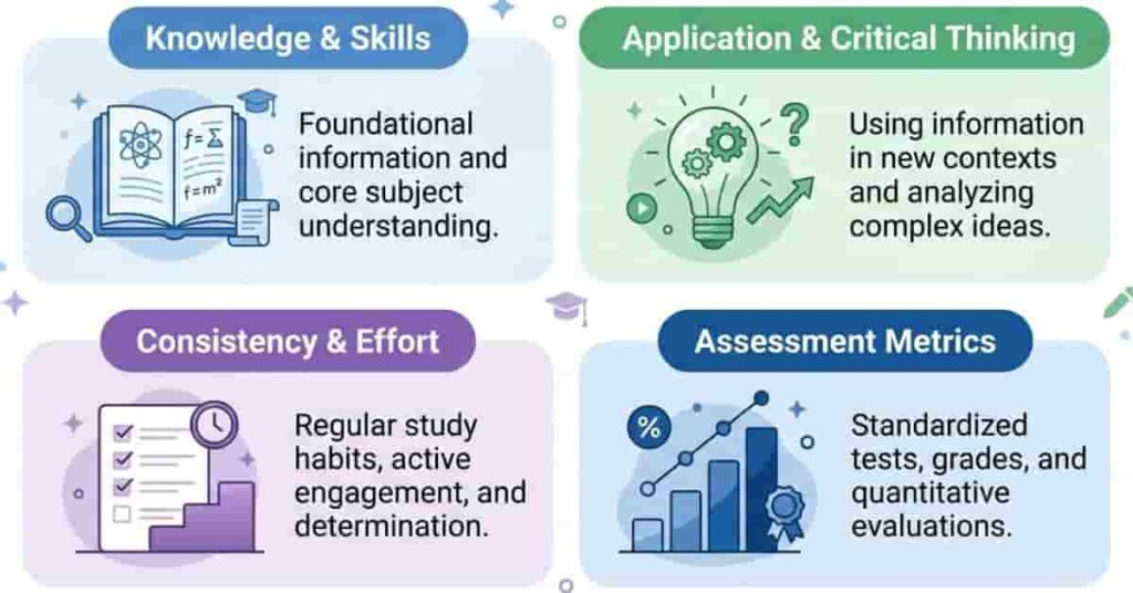 Diagram showing key concepts of academic performance including knowledge, critical thinking, consistency, and assessment metrics.