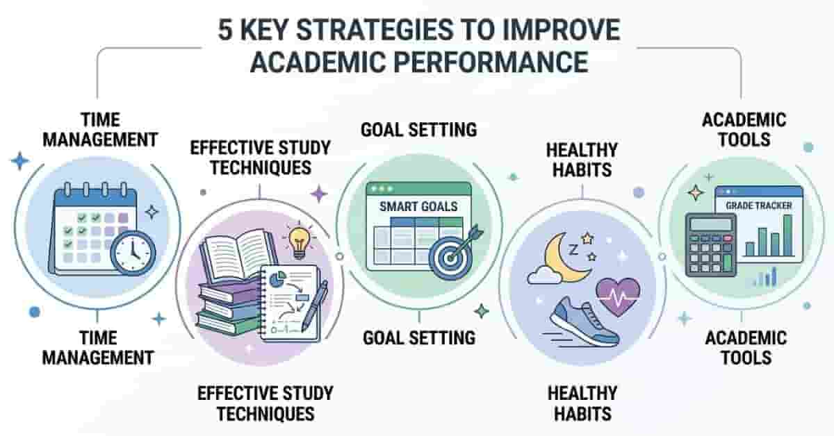 Illustration of five key strategies for improving academic performance including study techniques, goal setting, and academic tools