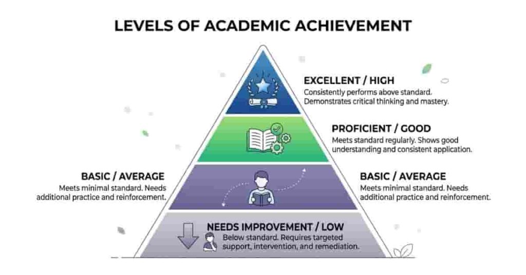 pyramid chart showing levels of academic achievement in students from excellent to needs improvement