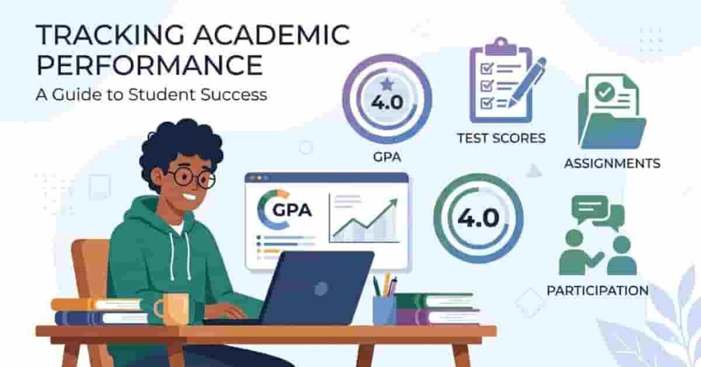 Professional dashboard showing GPA, test scores, rank, and projects as ways to measure academic performance.