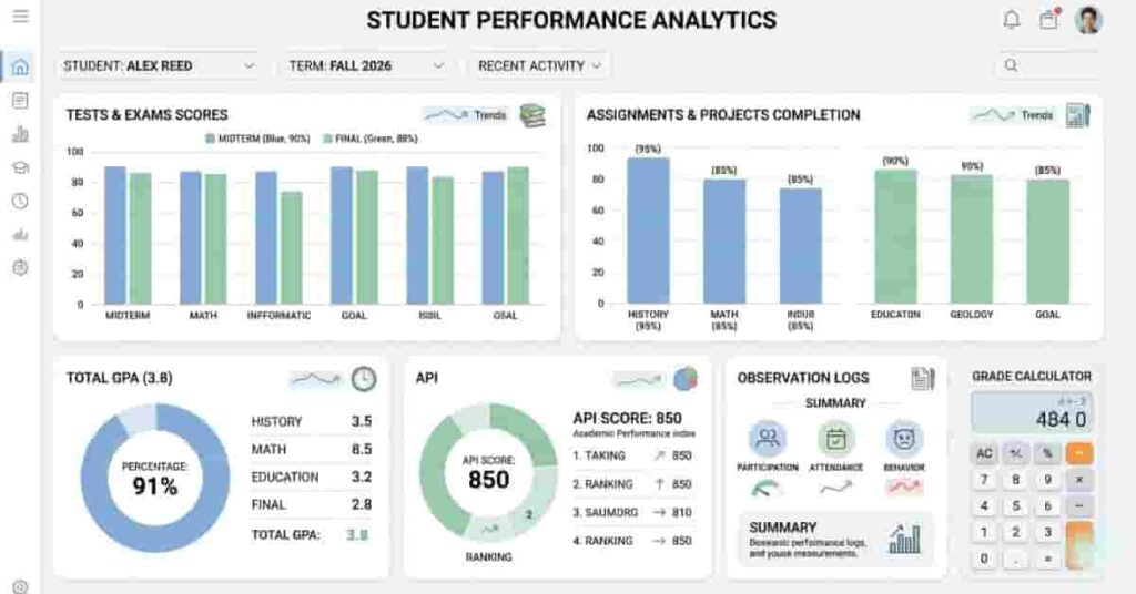 professional dashboard showing how schools measure academic performance in students with tests GPA and API score