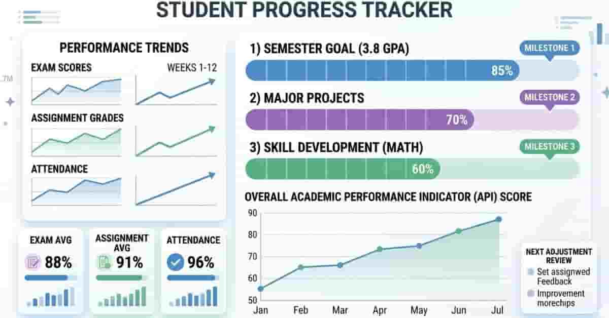Student progress dashboard showing academic performance tracking with progress bars, badges, and trend charts