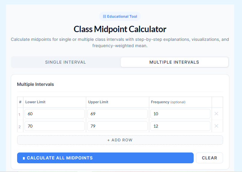 Multiple intervals midpoint calculation with frequency and weighted mean table