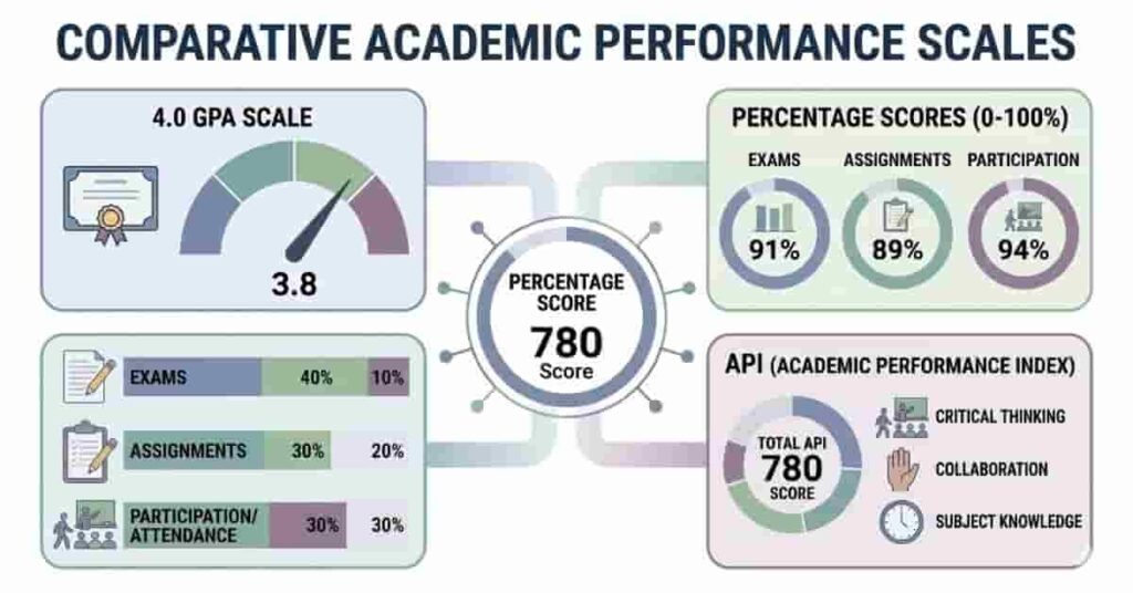 Infographic comparing GPA, percentages, and academic performance index scores with component contributions
