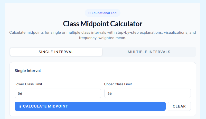 Single interval midpoint calculation example with step-by-step explanation