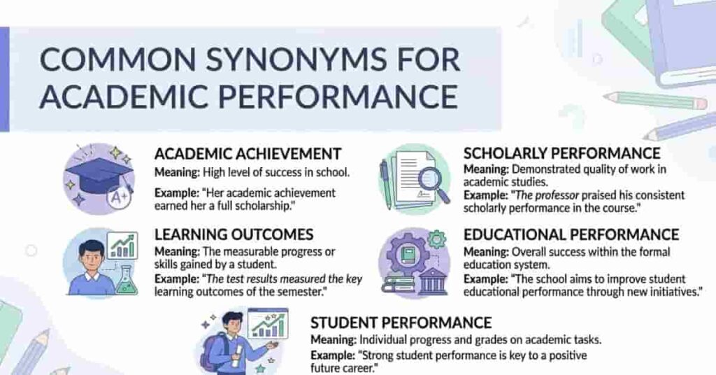 Infographic displaying academic performance synonyms with definitions and example sentences for student writing