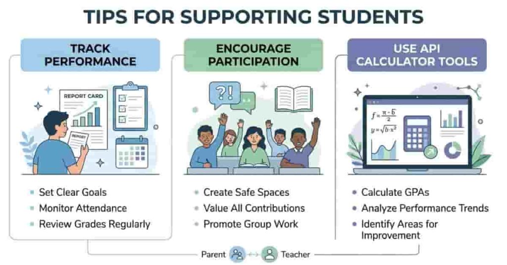 infographic illustrating tips for supporting academic performance in students with tracking and participation strategies