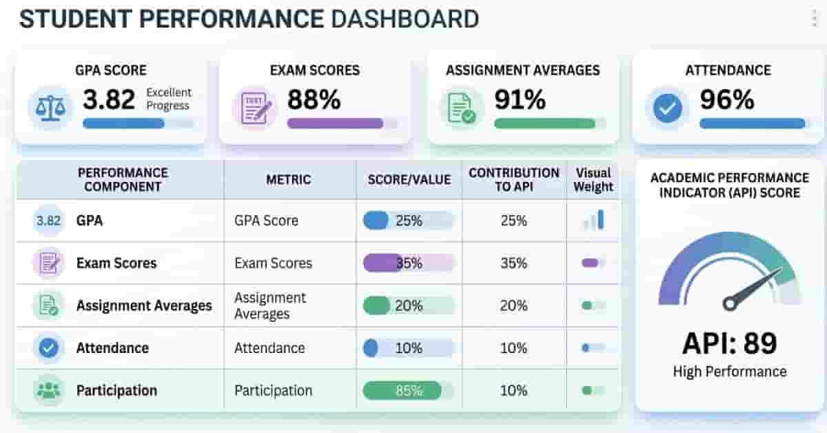 Infographic showing a student’s current academic performance with GPA, exam, assignment, and attendance scores for API tracking