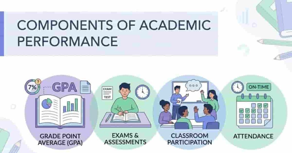 Diagram showing components of academic performance including GPA, exams, assignments, and participation for educational understanding