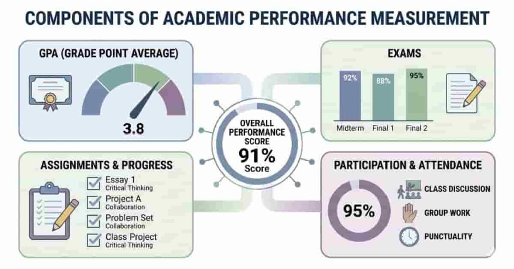 Diagram showing GPA, exams, assignments, attendance, and participation as key components of academic performance measurement