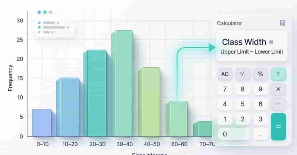 Professional histogram visualization showing width calculation with calculator and labeled data intervals